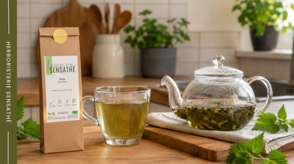 Préparation d'une tisane d'ortie bio dans une cuisine avec théière pour apporter du fer végétal aux végétariens - Herboristerie Sensathé Préparation d'une tisane d'ortie bio dans une cuisine avec théière pour apporter du fer végétal aux végétariens - Herboristerie Sensathé